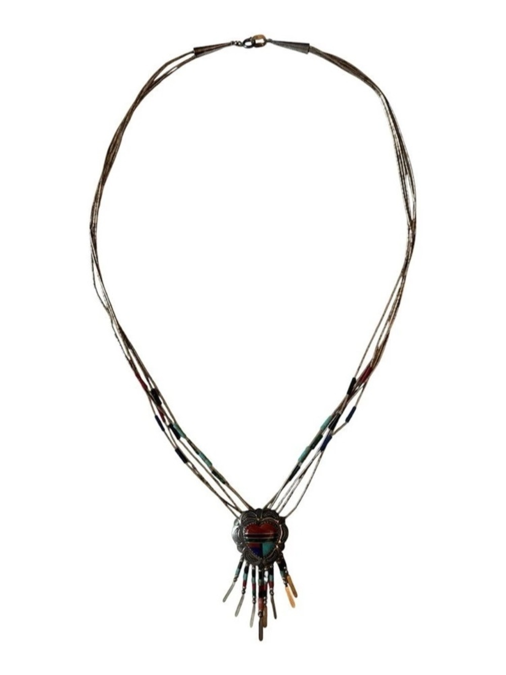 Liquid Sterling Silver Beaded Turquoise Inlay Heart Tassel Vintage Necklace